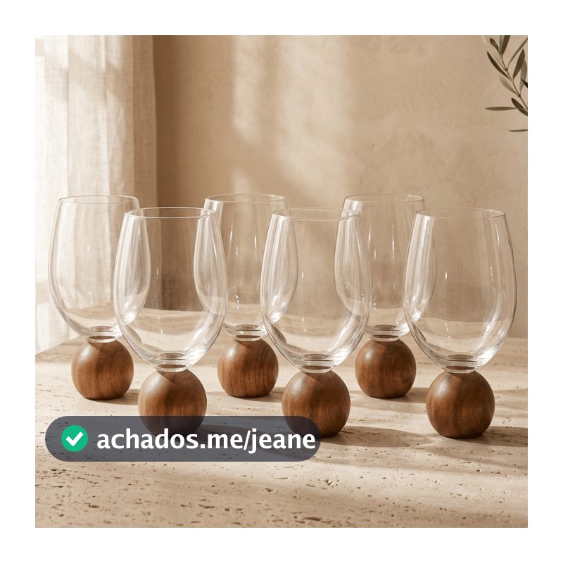 Jogo 6 Copos Mori em vidro bubble Esfera Bola madeira acácia 450ml Luxo Moderno Design Orgânico