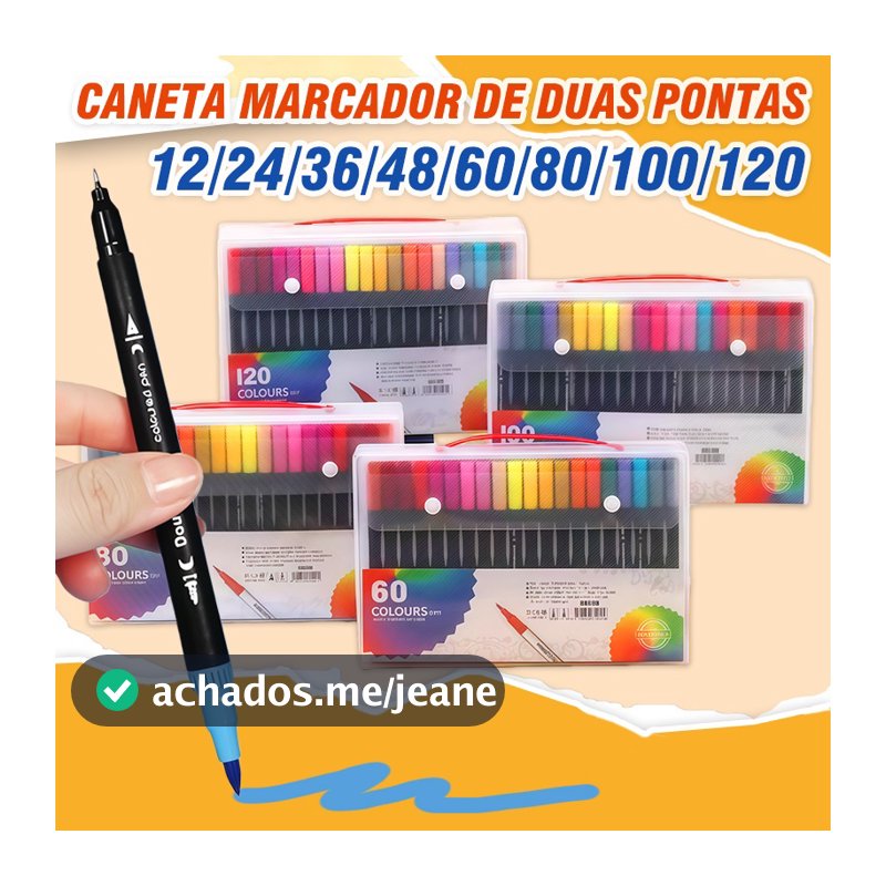 Kit 12/24/36/48/60/80/100/120 Cores Caneta 2 em 1 Brush Lettering e Ponta Fina Dual Pen Canetinha Colorir Desenho