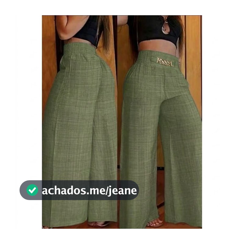 Calça Pantalona De Linho Com Cinto Fake e Cintura Alta e Bolsos