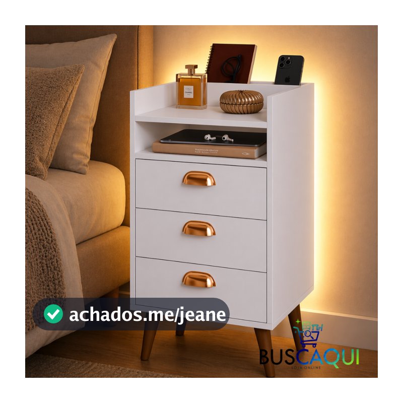 Mesa de Cabeceira Retrô 3 Gavetas Plus Organizadora Com Porta Celular Quarto Moderno Heloisa