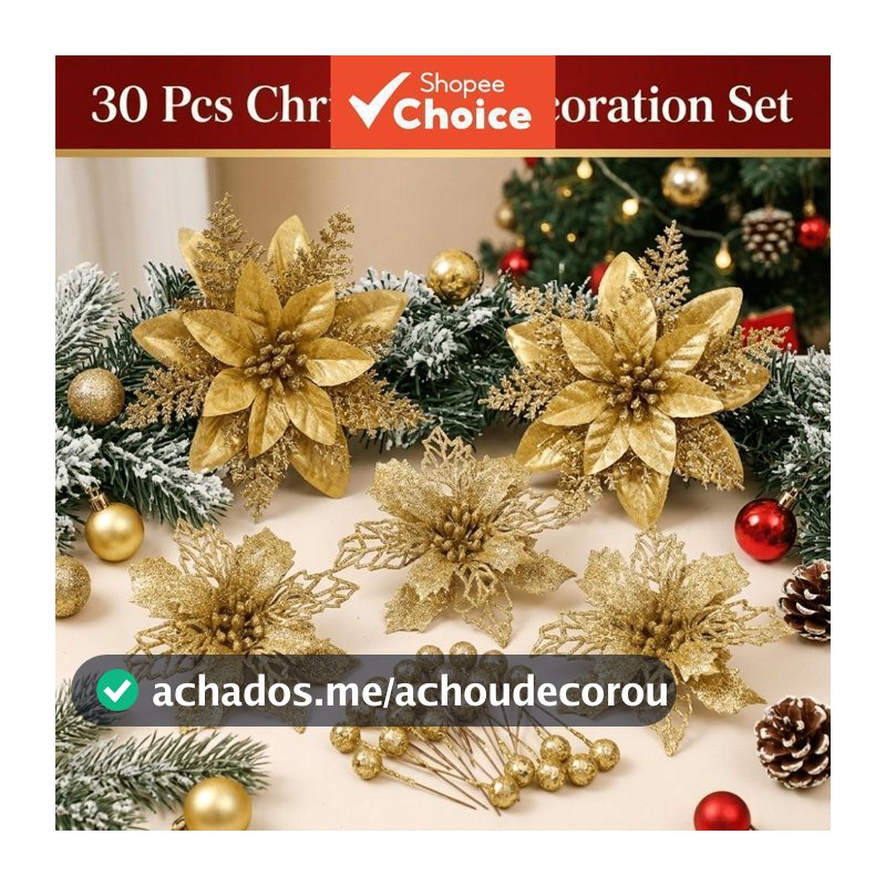 30 Pçs Conjunto De Decoração De Natal Flor Artificial Glitter Berry Picaretas Pendurado Ornamentos Ouro Vermelho Para Ár
