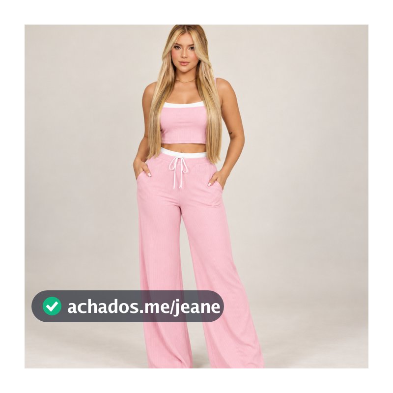 Conjunto Feminino Bicolor Canelado Cropped com Top Fake e Calça Pantalona