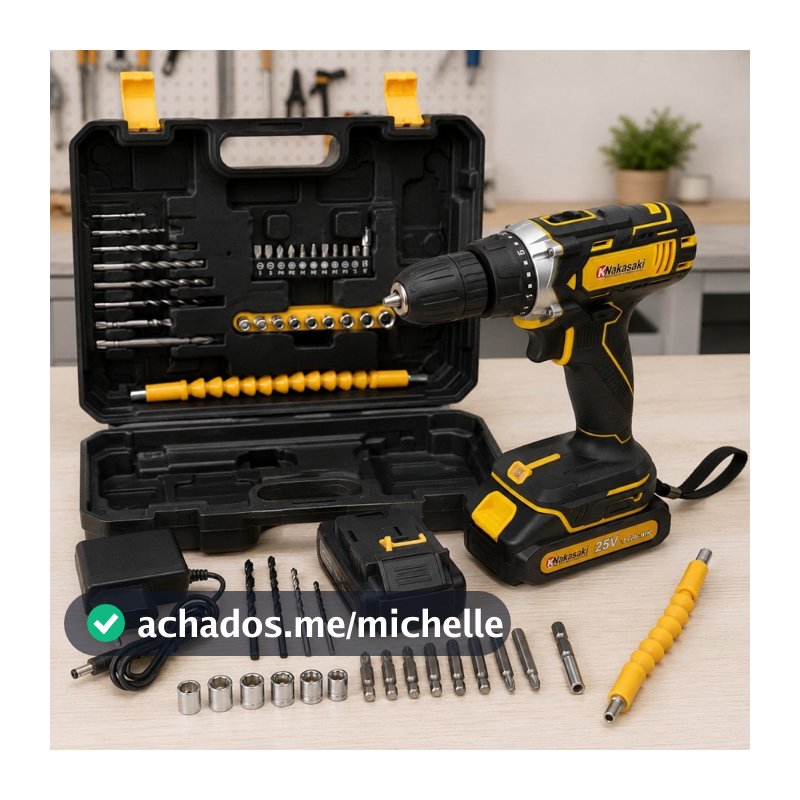 Parafusadeira Furadeira 25V Nakasaki Sem Fio a Bateria Profissional Kit Completo com Maleta