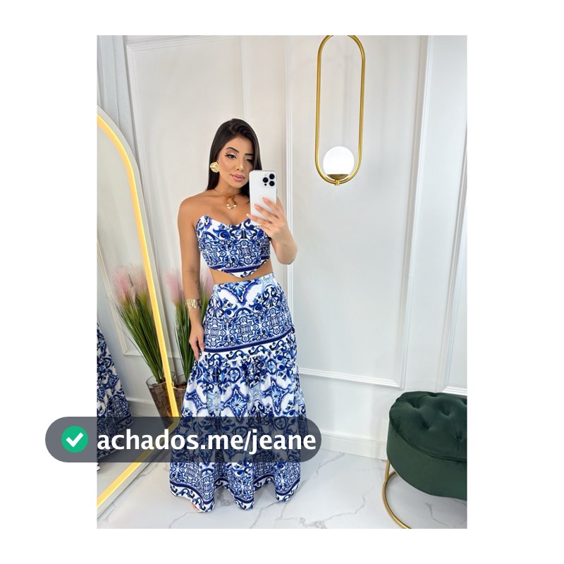 Conjunto Estampa Grécia – Top Tomara que Caia + Saia Longa 2 em 1 – Moda Verão Praia