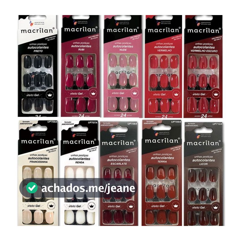 UNHAS POSTIÇAS AMENDOADO AUTOCOLANTE 24 UNID. MACRILAN - ESCOLHA SUA COR E ARRASE!