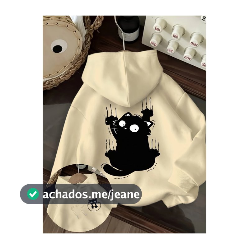 Blusa Frio Casual e Elegante para Mulher com Design de Gato Preto Bolso Canguru e Capuz Pulover Estiloso Outono
