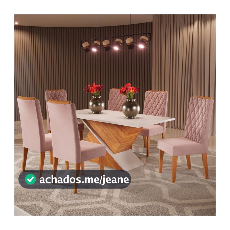 Mesa de Jantar 6 Lugares Poliana Mel/Blonde/Veludo Rosa - Viero Móveis
