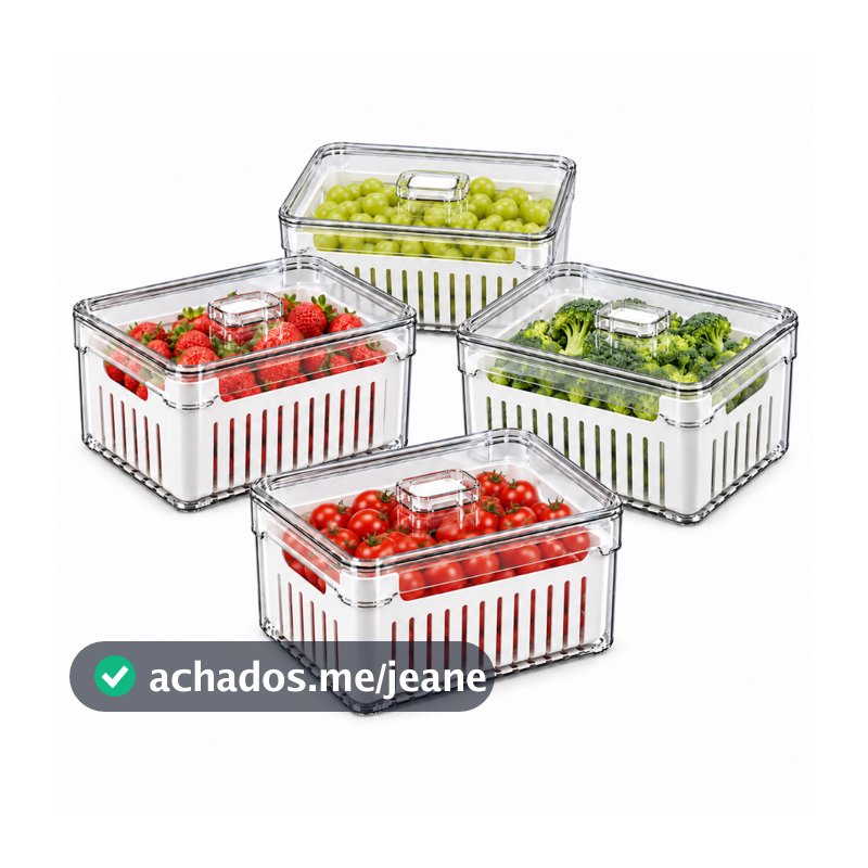 【Cozena】Kit 4 Potes Acrílicos Organizadores de Geladeira 2,2L com Cesto Escorredor Tampa para Frutas Legumes e Verduras