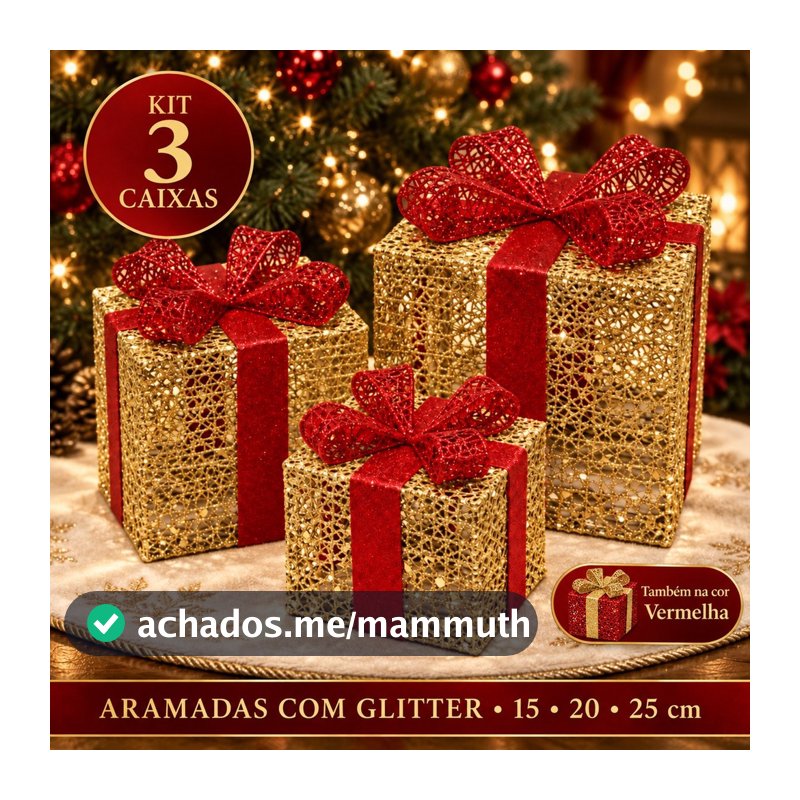 Caixas Presente Decorativas Natal Kit 3 Enfeites Árvore de Natal Glitter Laço Aramada Vermelha