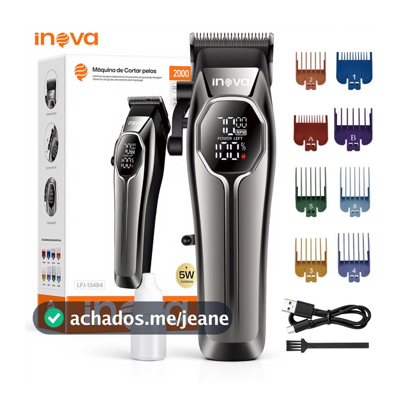 INOVA Barbeador Elétrico Masculino Máquina de Cortar Cabelo Profissional Sem Fio Aparador de Barba LED 2000mAh 8 Pentes