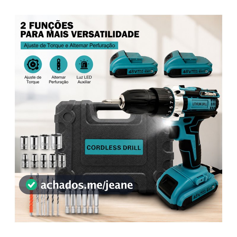 Parafusadeira Furadeira Sem Fio | 48V Duas Baterias | Versão com Maleta Portátil
