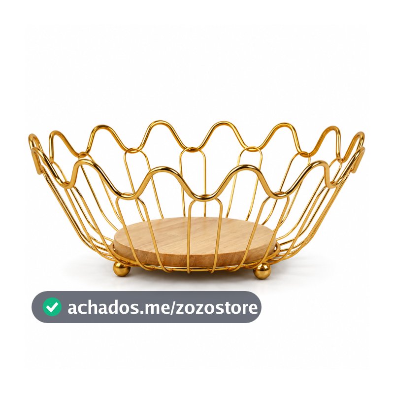Fruteira de Mesa Aramada Metal Dourado 27cm com Base de Madeira Organizador Decorativo Premium