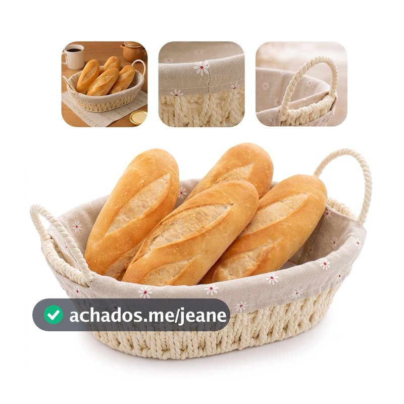 Cesto de Pão Redondo Retangular Oval Para Café da Manhã com Forro e Alça Lateral Cozinha Multiuso