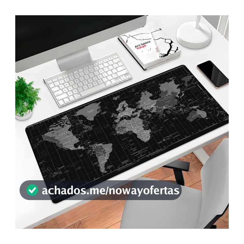 Mousepad Gamer P/ Desktop Estampa Mapa Mundi 70X35CM Preto