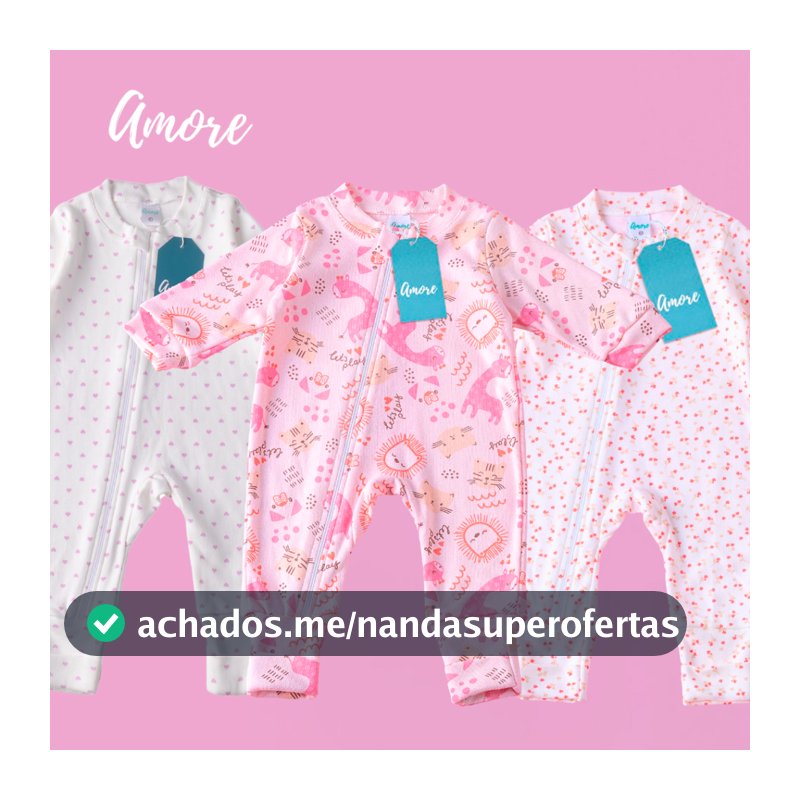 3 Macacões Bebê Amore Mais Vendidos Vira Pé Zíper Menina Algodão