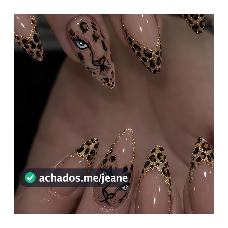 24 Pçs Nude Stiletto Unhas Falsas Leopardo Rosto Impressão Glitter Francês Padrão Na Moda Imprensa Em