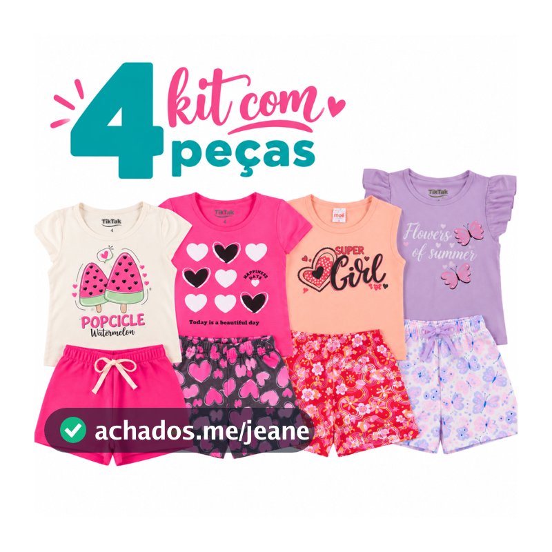 Kit com 4 Peças 2 Conjuntos Infantil Menina Verão Infantil 100% Algodão Fresquinho e Confortável