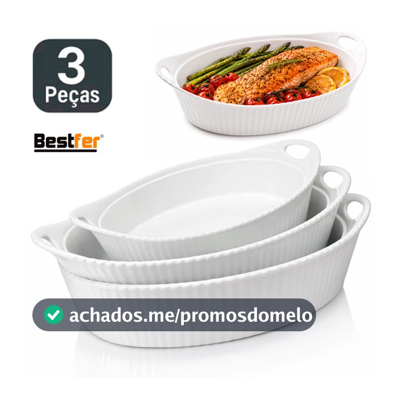 Conjunto Jogo de Travessas 3 peças Oval em Melanina Bestfer PMG Branca opaline Saladeira