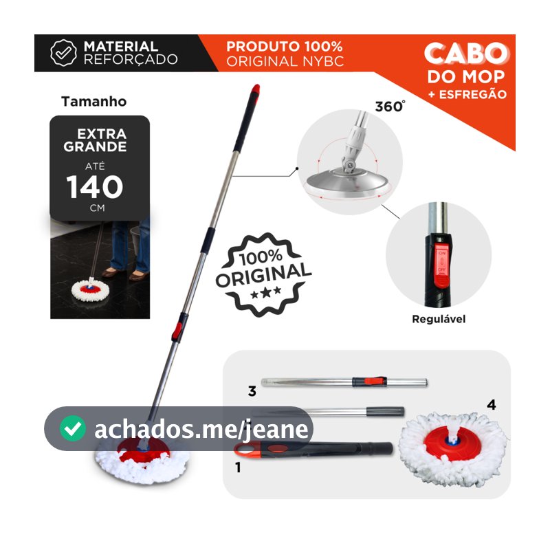 Cabo Mop Giratório Completo Com 140 Cm - Nybc
