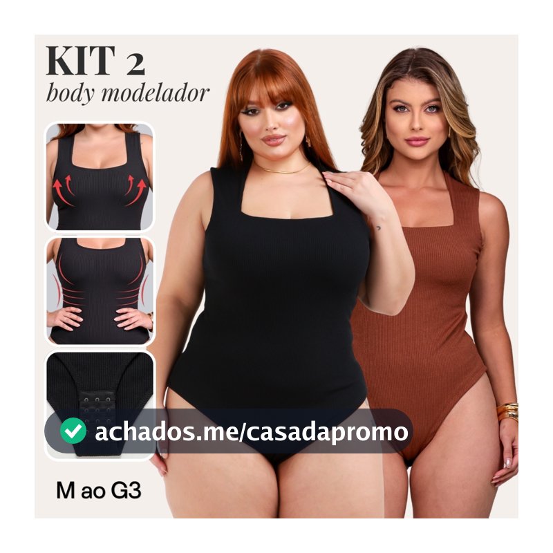 Kit 2 Body Feminino Plus Size Regata Decote Quadrado Modelador Afina Cintura Básico M ao G3