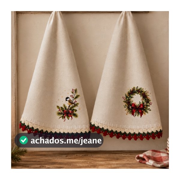 Panos de Prato Natalinos com Bico de Crochê Artesanal 2u Presente de Natal Decoração Cozinha