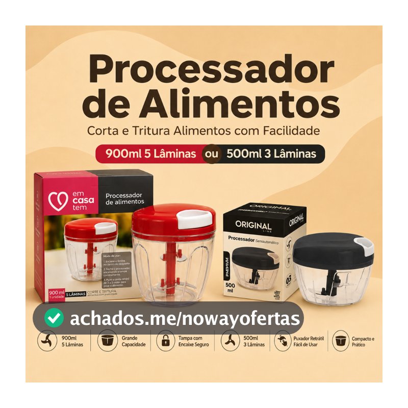 Processador de Alimentos 900ml ou 500ml Corta e Tritura Alimentos Em Casa Tem