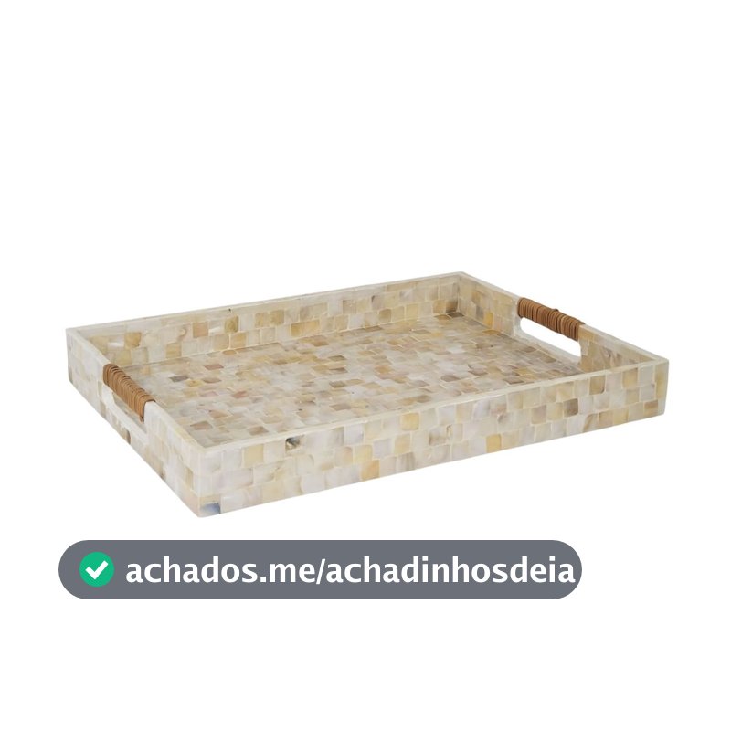 Bandeja Decorativa Madrepérola Laradore Alça Rattan 40x30cm
