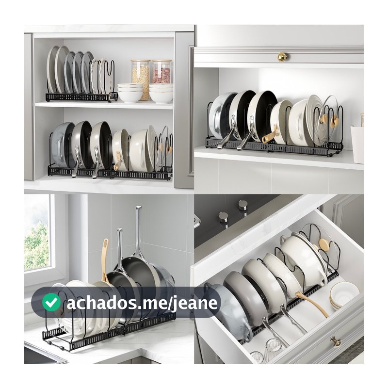 Organizador de Panelas Tigelas e Tampa Ajustável 7 Níveis para Cozinha Compacta Montagem Fácil sem Parafusos
