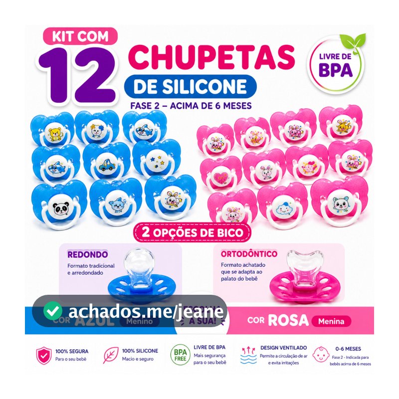 Kit Com 12 Chupetas Borboleta Bico Silicone Fase 2 Bico Redondo Ou Ortodôntico Menino Ou Menina