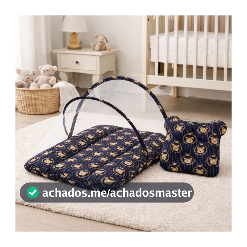 Kit Berço Portatil com Tela Anti Inseto Acolchoado  + Travesseiro Bebê Anatômico Tecido Estampado