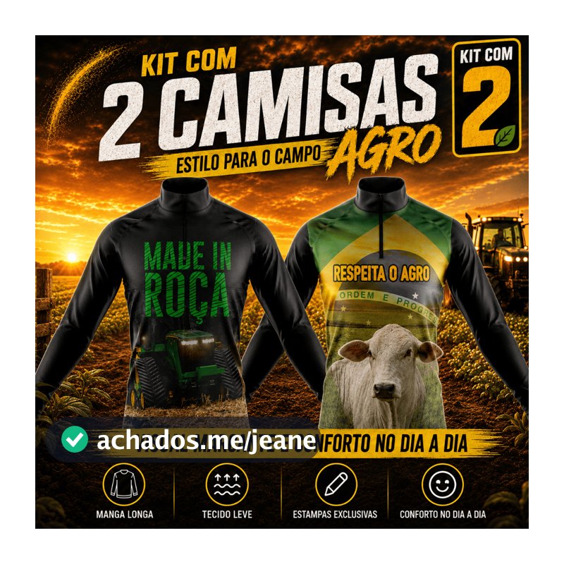 Kit 2 Camisas Camiseta Agro Térmica Manga Longa Proteção UV Blusa Masculina Trator Roça Boi Colheita