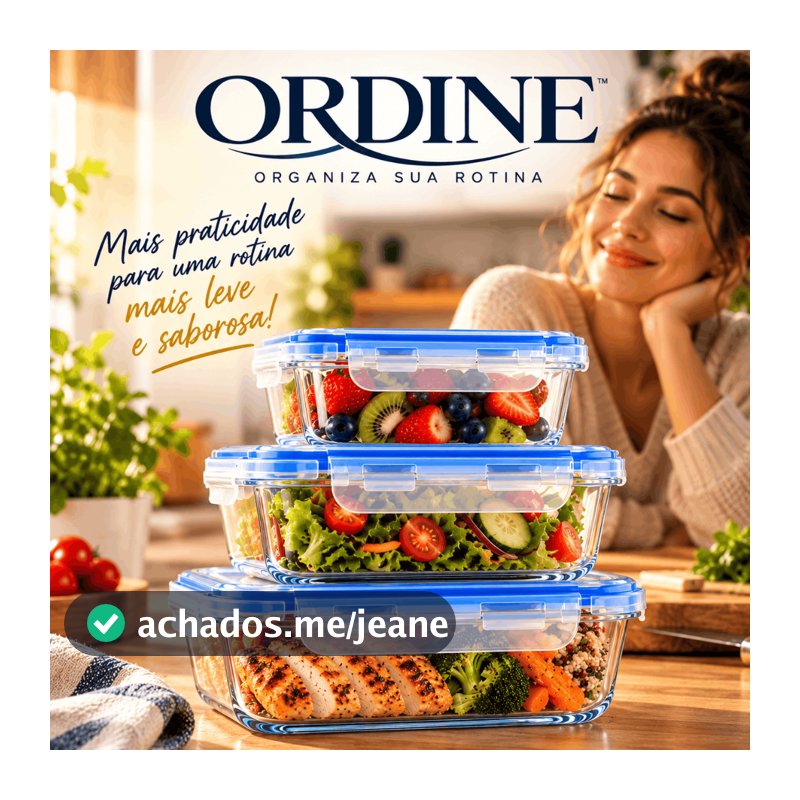 Kit 3 Potes Herméticos Vidro 370ml 640ml 1040ml com Tampa Linha ORDINE