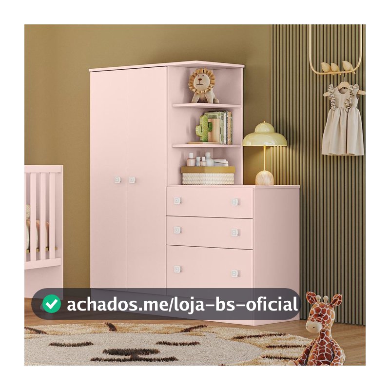 Guarda Roupa Infantil com Comoda Lua Encantada Rosa Acetinado