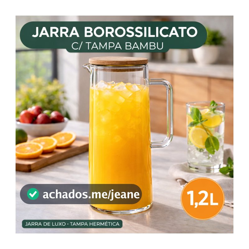 Jarra Luxo Vidro Borossilicato 1,2 L C/ Tampa Bambu Vedação Hermética Sucos Água