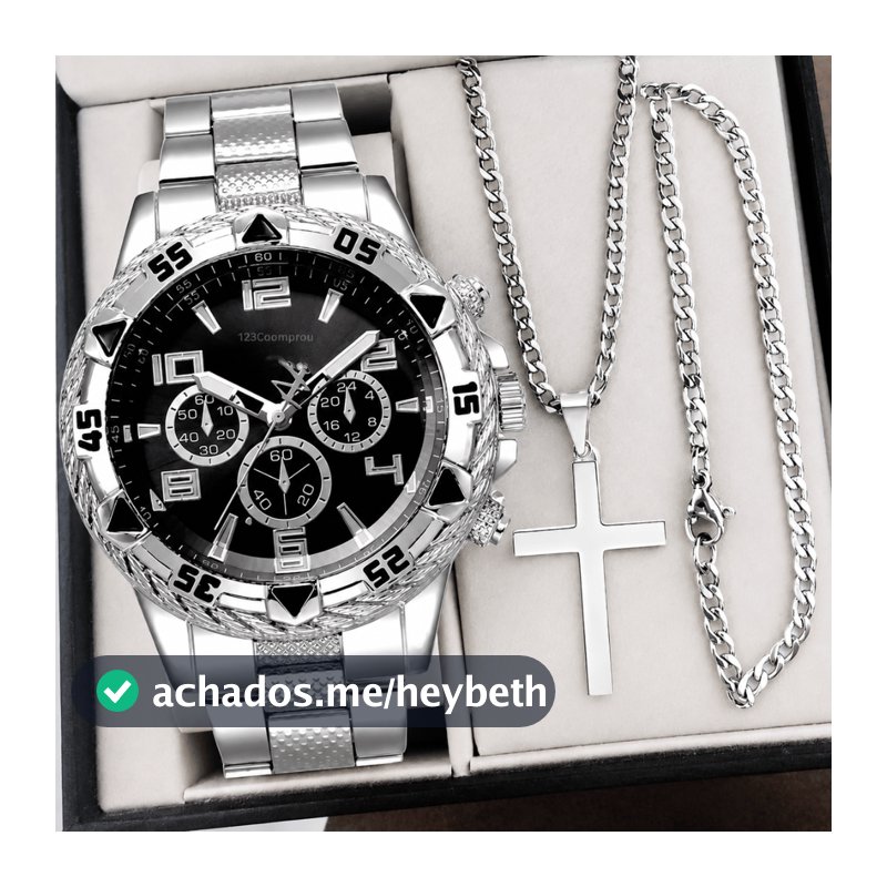 Kit Conjunto Relógio Masculino Aço Inox Resistente a Água Com Corrente Cruz e Pulseira Presente Dia Dos Pais