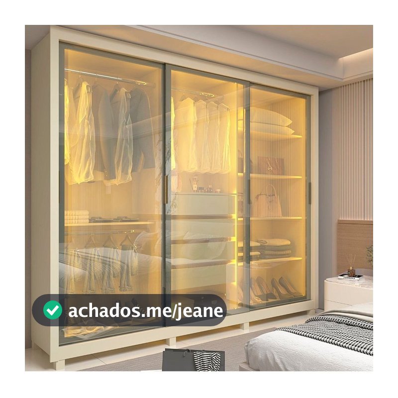 Guarda-Roupa Casal 3 Portas 3 Portas Reflecta com LED com Pés 100% MDF Royale Off White Off White
