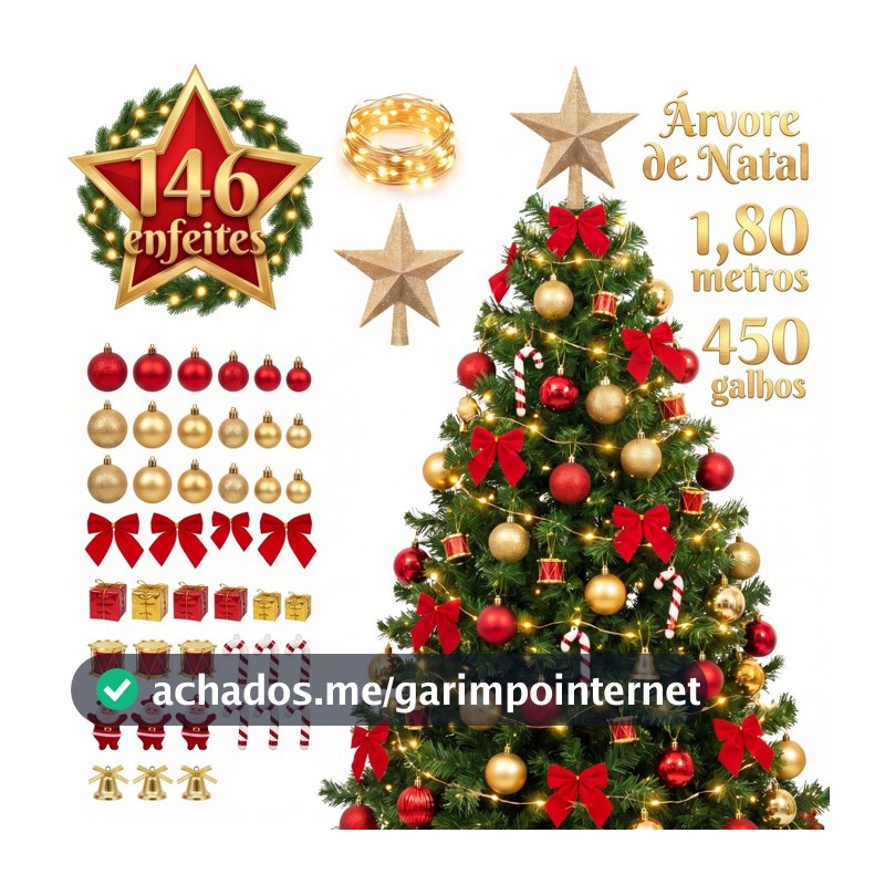 Árvore Natal 1,80m Pinheiro 146 Enfeites 450 Galhos e Led Pisca Pisca Enfeite Decorada Kit Completo Arvore 180cm Cheia
