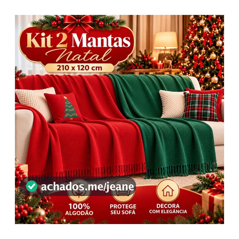 Manta para Sofá 210x120 cm Grande Tema Natal Tipo Capa Protetora Verde e Vermelho Promocao