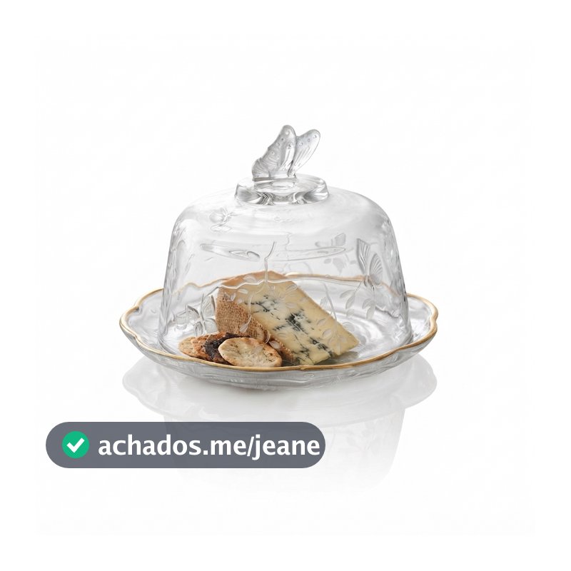Queijeira de Cristal com Tampa Lyor New Butterfly Fio de Ouro 19cm Mesa Posta Servir Queijo Frios Presente Luxo Elegante