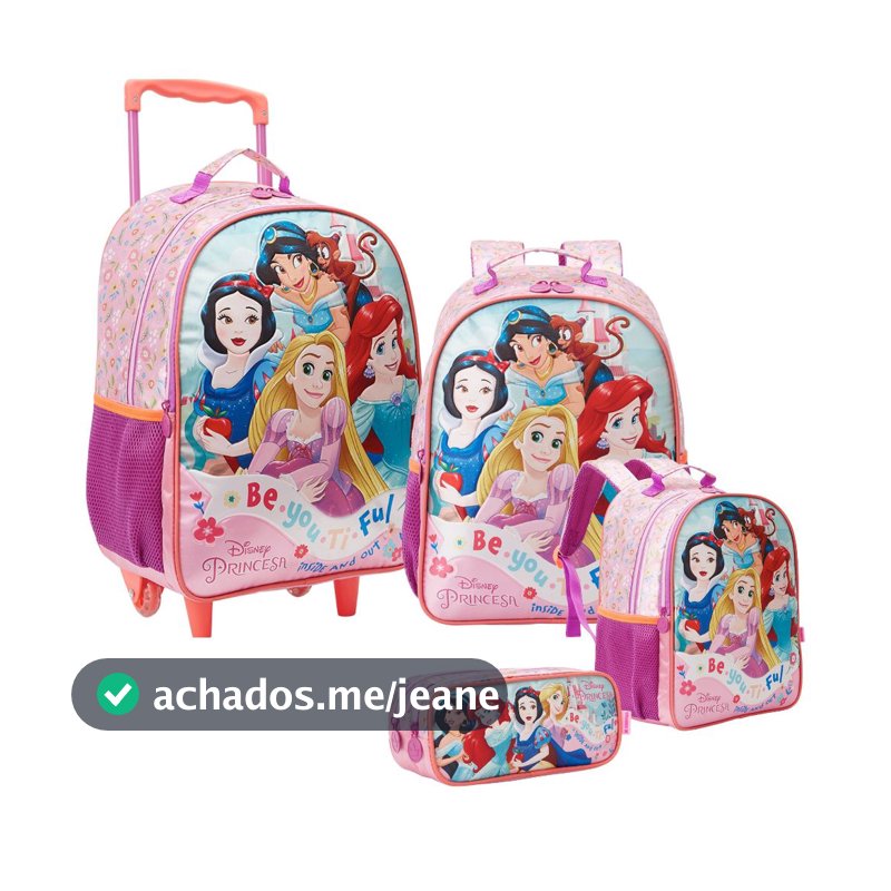 Kit Escolar, Mala com Rodinhas e Alças, Lancheira Térmica e Estojo Duplo Princesas Disney Xeryus