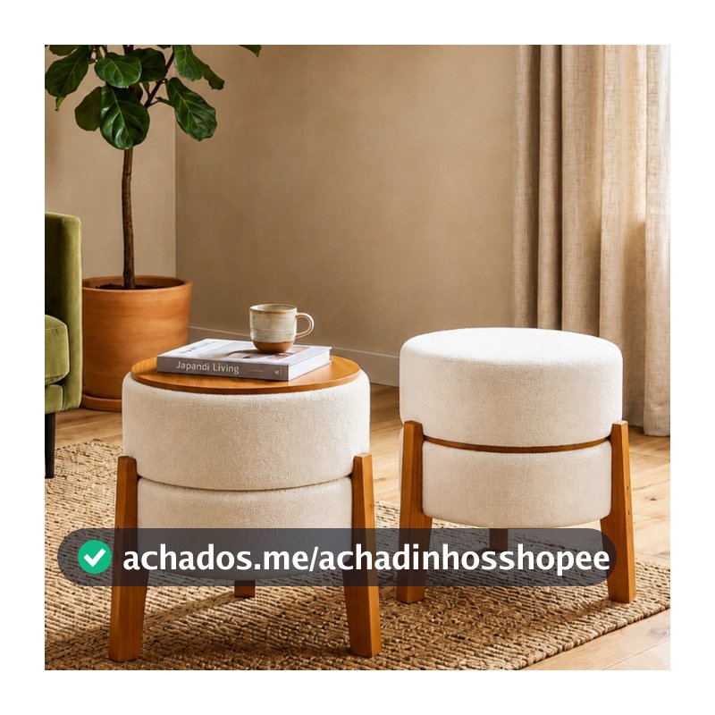 Puff 3 em 1 Banqueta Mesa de Apoio Decorativo Redondo Com Pés de Madeira Unitário ou Kit com 2