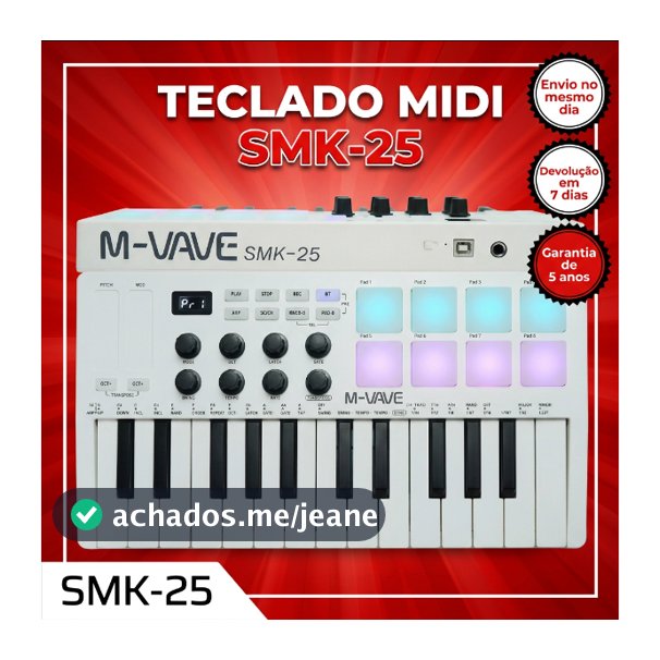 M-WAVE Controlador de teclado MIDI USB de 25 teclas com 8 pads de bateria retroiluminados, 8 botões e 2 faixas tácteis
