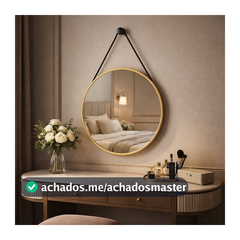 Espelho Adnet Redondo 50cm Com Alça e Suporte Decorativo Para Sala Lavabo Banheiro