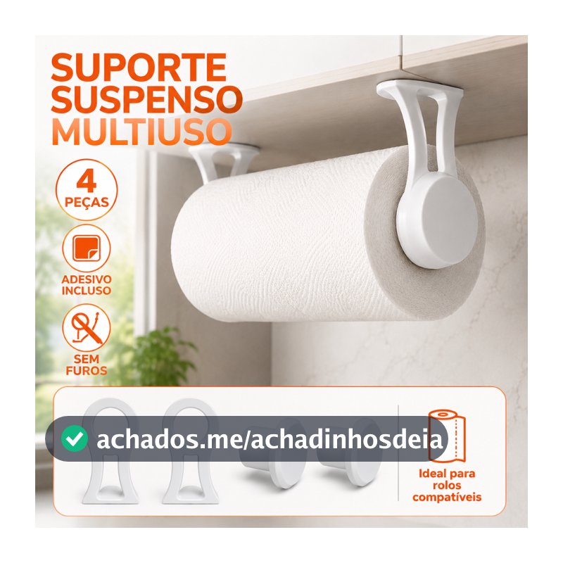 Suporte Suspenso para Rolo de Papel Toalha sem Furos com Adesivo – Ajustável e Multiuso