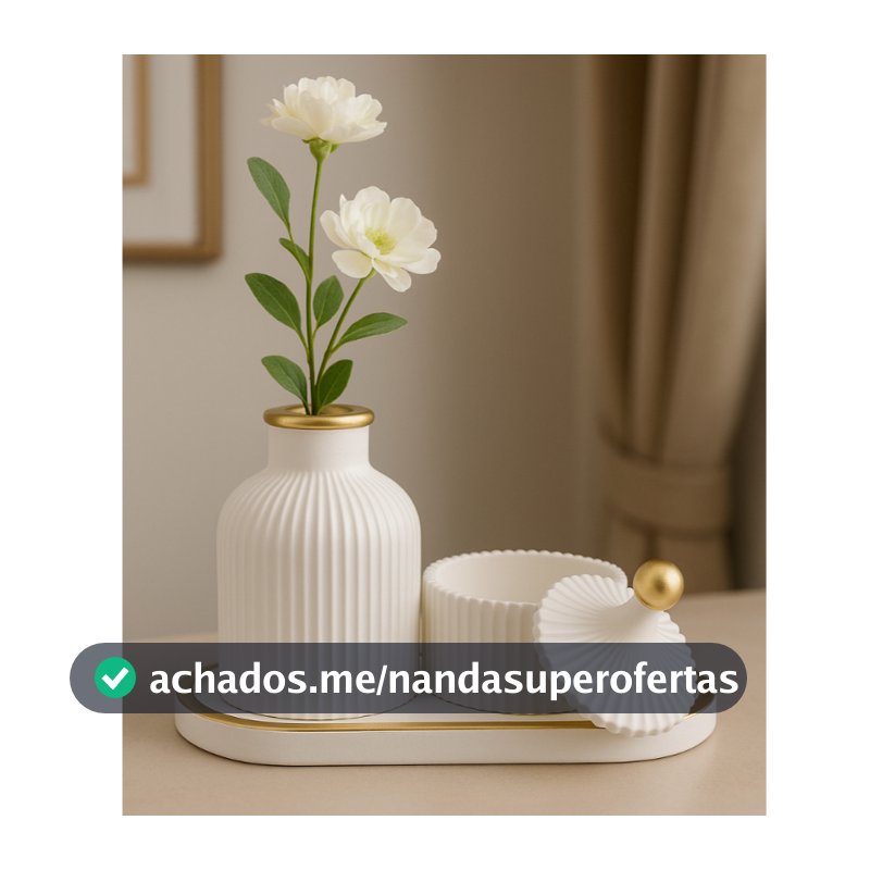 Kit Decorativo com Detalhe Dourado 3 Peças Vaso Bandeja e Porta Objetos