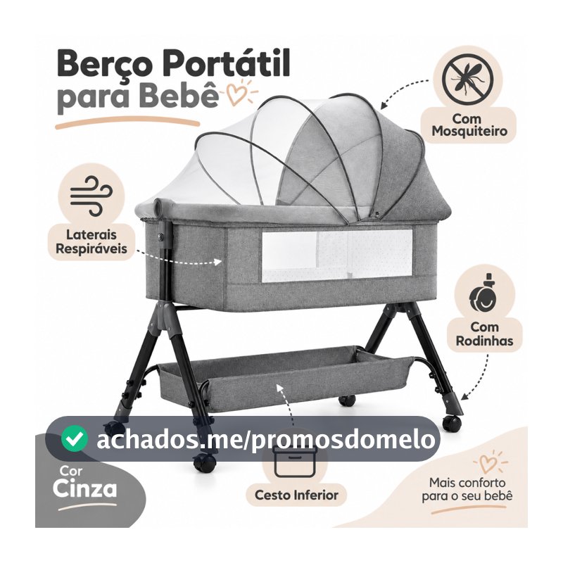 Berço Portátil 3 em 1 para Bebê com Trocador Mosquiteiro Colchão e Rodas
