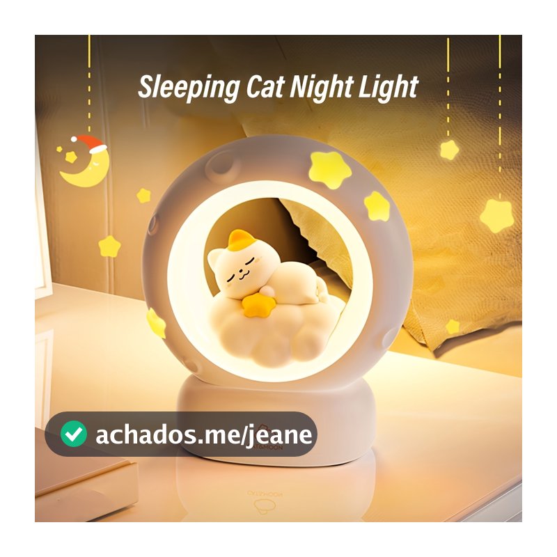 Luminária Noturna Abajur Gato fofo Estrelar - Luz Cabeceira Quarto Infantil, Luz Amamentação, Presente Menina