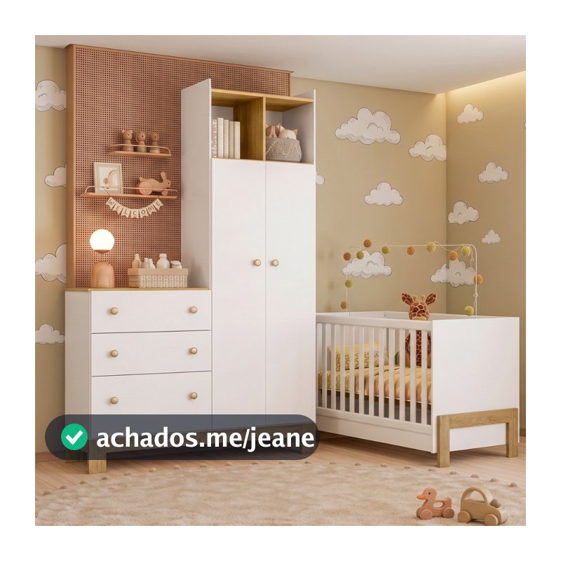 Quarto de Bebê Berço Minicama e Guarda Roupa 2 Portas com Cômoda 3 Gavetas Pom Pom Qmovi