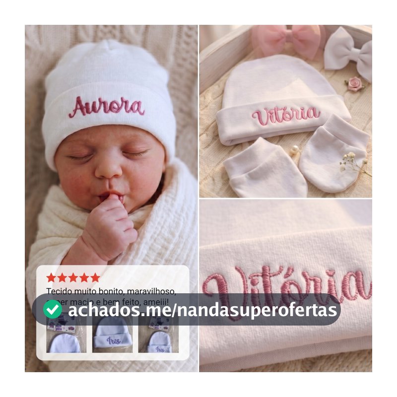 Touca Bebê RN Personalizada Com Nome Bordado Algodão Egípcio Saída Maternidade + Opção Kit Luvas