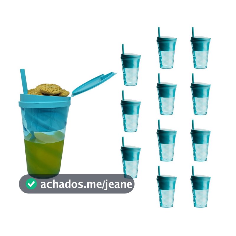 12 Copos Com Porta Lanche e Snacks Com Tampa e Canudo 2 Em 1 600ml
